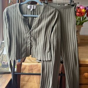 Organic Basics Soft Knit Ribbed Sage Green Cardigan and High Rise Flare pant set